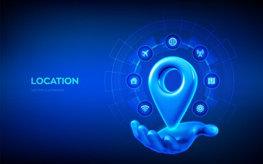 Point of location 3d icon. Pointer of map in hand. Navigation concept. Map marker sign. Gps pointer graphic element. Navigation pin point global position system symbol. Vector illustration.