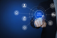 Public Sector Concept. Man Pointing At Virtual Screen With Different Icons On Blue Background, Closeup