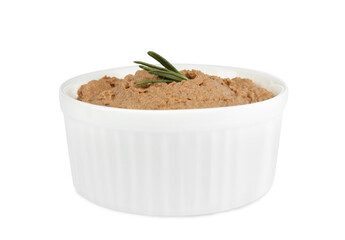 Bowl with delicious liver pate on white background