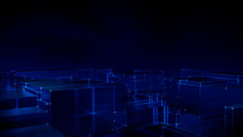 Neural Network. Intelligent Smart Grid And AI Concept With Copy Space. Blue Tech Background. 3D Render.