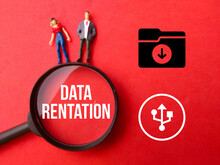 Miniature People,magnifying Glass And Icon With Text DATA RETENTION On Red Background.