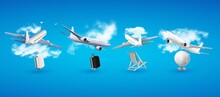 Realistic Passenger Airplane Mock Up, Airliner On Blue Sky. Modern Aircraft Flight Isolated On Blue Background. 3d Airplane Transport Design. Vector Illustration