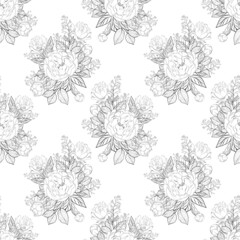 Wall Mural - Line art flowers seamless pattern. Composition of botanical elements for fabric, wallpapper and surface design.