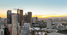 Urban Aerial View Of Downtown Los Angeles. Panoramic City Skyscrapers. Downtown Cityscape Of Lod Angeles.