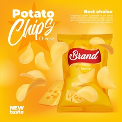 Realistic cheese flavored potato chips on snacks food package, vector salty chips yellow bag. Potato chips pack or product background for advertising design, crispy chips with cheese flavor taste