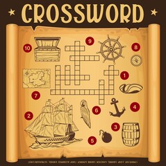 Aufkleber - Pirate map and piracy crossword grid. Find a word quiz game, children educational game, kids logical riddle or child text puzzle with pirates ship, treasure chest and parrot on old map paper scroll