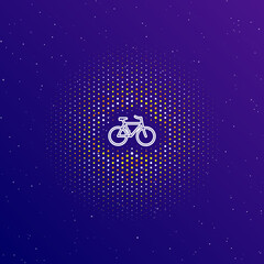 Poster - A large white contour bicycle symbol in the center, surrounded by small dots. Dots of different colors in the shape of a ball. Vector illustration on dark blue gradient background with stars