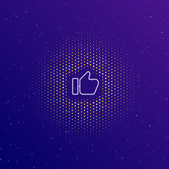 Poster - A large white contour thumb up symbol in the center, surrounded by small dots. Dots of different colors in the shape of a ball. Vector illustration on dark blue gradient background with stars
