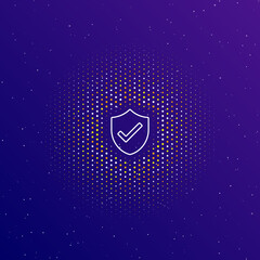 Poster - A large white contour protection mark symbol in the center, surrounded by small dots. Dots of different colors in the shape of a ball. Vector illustration on dark blue gradient background with stars