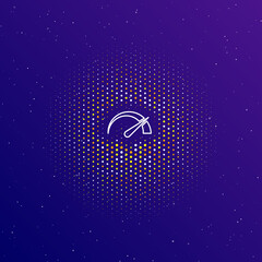 Poster - A large white contour tachometer symbol in the center, surrounded by small dots. Dots of different colors in the shape of a ball. Vector illustration on dark blue gradient background with stars