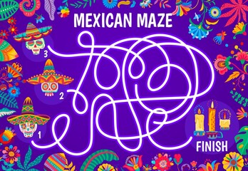 Poster - Labyrinth maze with mexican flowers, calavera sugar skulls and candles. Vector kids game worksheet, find right way puzzle or quiz, Dia de los Muertos skeletons, sombrero hats and ofrenda candles