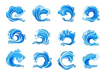 Wall Mural - Tsunami ocean wave and surf icons. Isolated blue storm sea waves, cartoon vector crashing ocean tidal waves, hurricane or typhoon sea splashes with water foam, aqua swirls, drops and ripple