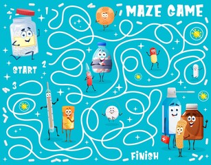 Poster - Kids labyrinth maze worksheet of cartoon vector drugs, ointment, pill and medication characters. Find right way labyrinth game, educational puzzle or quiz with funny adhesive plaster and thermometer