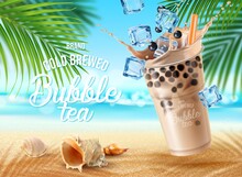 Bubble Milk Tea With Coffee, Ice Cubes And Chocolate On Summer Beach With Palm Leaves. 3d Cup Of Cold Drink, Pearl, Boba Or Tapioca Milk Tea Glass, Sweet Beverage Of Taiwan, Realistic Vector
