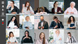 © golubovy - Group video chat. Virtual meeting. Corporate telework. Collage of diverse business team working from home in digital office on screen.
