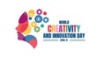 Vector illustration of a head with a bulb and cog, as a banner, poster or template on world creativity and innovation day.