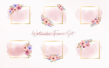 Set of gold frame with watercolor pink flower arrangement. Modern wedding card flower element frame.