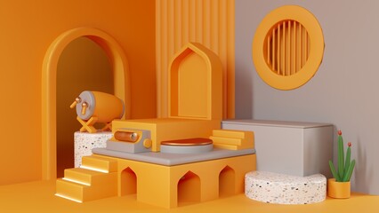 islamic display decoration podium using 3d realistic style. isolated with orange background