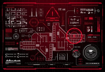 Leinwandbilder - HUD security smart display interface. Vector prison map alert attention screen of Sci Fi game with red hologram danger, warning and caution messages, object location markers, graphs and charts