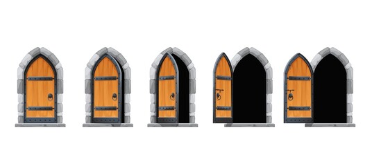 Wall Mural - Cartoon castle open gate or door, vector motion animation of medieval palace entrance. Castle or house wooden arch gates to animate for opening and closing, old stone doorway or wood gateway