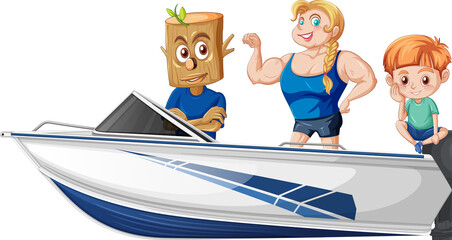 Wall Mural - Boy and girl standing on a speeding boat on a white background