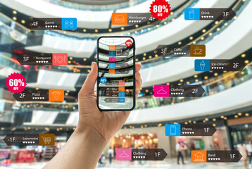 Wall Mural - Augmented reality marketing in the shopping mall. Hand holding smart phone use AR application to check information