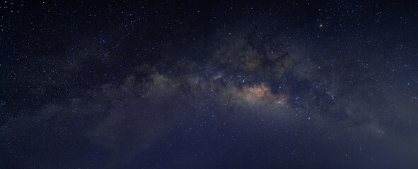 Milky way in the night sky and stars on dark background with noise and grain. Photo taken with long exposure and white balance selected.	