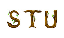 S,T,U Letters Made Of Branches And Leaves. Eco English Alphabet Font Vector Illustration