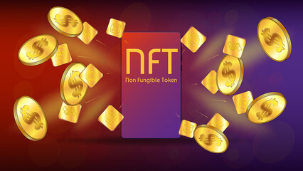 Wall Mural - nft non fungible token unique sign and gold coins of dollars fly out from cellphone. concept of earn