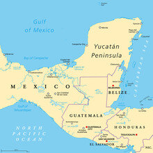 Yucatan Peninsula Political Map. Large Peninsula In Southeastern Mexico And Adjectants Portions Of Belize And Guatemala, Separating The Gulf Of Mexico And Caribbean Sea. With El Salvador And Honduras.
