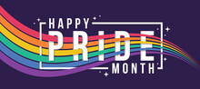 Happy Pride Month - Waving Rainbow Pride Flag With Flag Bar Cross PRIDE Text On Purple Background Vector Design