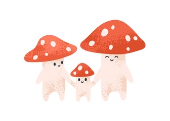 Aufkleber - Cute amanita family. Happy fairytale fly agarics, parents and child. Funny fairy tale mushrooms with adorable faces. Baby fiction. Childish flat vector illustration isolated on white background