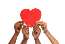 Charity, Love And Health Concept - Close Up Of Hands Holding Red Heart Over White Background