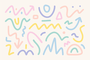 Tutti frutti set of various hand drawn abstract shapes, strokes and doodles. Childish cute drawing. Modern design elements. Vector texture.	