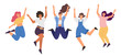 Diverse international group of women jumping together. Sisterhood, friends, union of feminists, event celebration. Girls team on isolated background. Flat vector illustration.