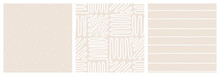 Neutral Beige Low Contrast Seamless Pattern Set With Maze, Dot And Stripe Vector Designs.