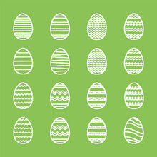 Ornament Easter Eggs Set. White Eggs With Stripes, Waves And Zigzags On Green Background. Hand Drawn Vector Elements For Easter Design
