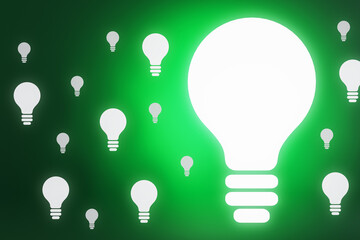 Wall Mural - Abstract light bulb on green background with bright mock up place. Idea and success concept. 3D Rendering.