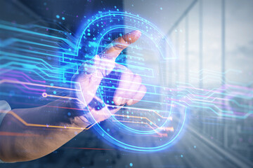 Poster - Close up of businessman hand pointing at creative glowing blue euro sign hologram on blurry office interior background. Digital currency and money concept. Double exposure.