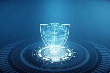 Poster - Close up of glowing polygonal shield on blue background. Secure and safety concept. 3D Rendering.