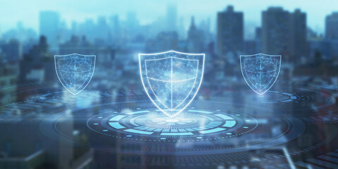 Poster - Close up of glowing polygonal shield on blurry blue city backdrop. Secure and safety concept. Double exposure.