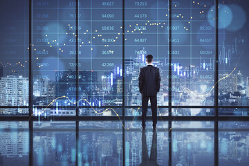 Sticker - Back view of businessman standing in dark office interior with big data index, forex chart and city view. Double exposure.