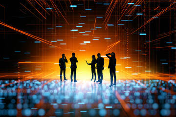 Aufkleber - Backlit businesspeople standing in abstract blurry metaverse. Meta, teamwork and cyberspace concept.