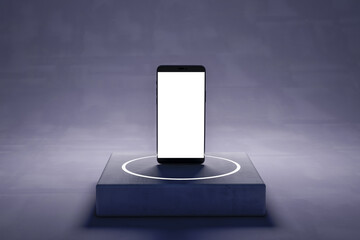 Poster - Close up of blank white cellphone on concrete pedestal. Technology and device presentation concept. Mock up, 3D Rendering.