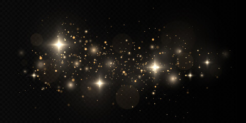 Wall Mural - Golden confetti and glitter texture on black background. Sparkling space magical dust particles. Christmas concept.