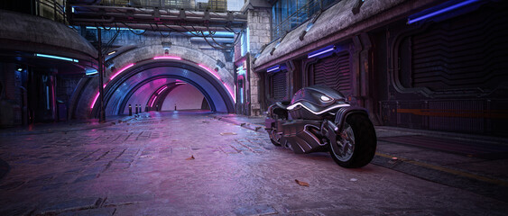 Poster - Futuristic motorbike in a seedy dystopian downtown city street. Cinematic view cyberpunk concept 3D illustration.