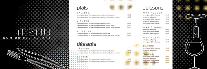 Menu graphique et moderne en 3 parties pour un restaurant de cuisine française  - texte français, traduction : cuisine française, plats, desserts, boissons.