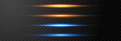 Golden and blue glowing lines, horizontal light rays. Vector neon light effects. UI design element. Magic glow, line light, golden light png. Laser beams. Glowing streaks on dark png background.