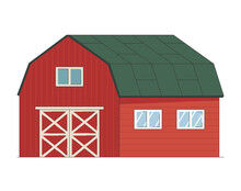 Red Wooden Big Barn Isolated On The Farm