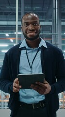 Poster - Vertical Screen. Car Factory Office: Portrait of Black Male Chief Engineer Using Tablet Computer in Automated Robot Arm Assembly Line Manufacturing High-Tech Electric Vehicles. Looking at Camera